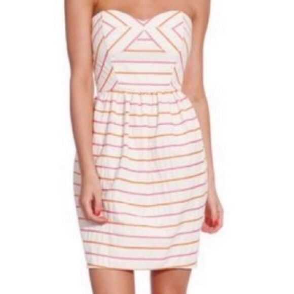 Shoshanna Cream & Pink Strapless Striped Mini Dress size 6 Sweetheart Neckline - Picture 4 of 12